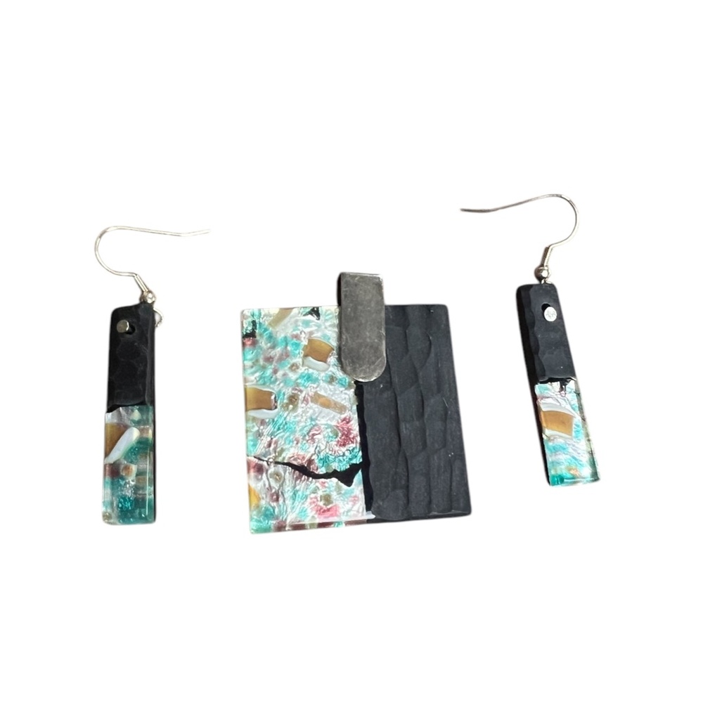 Vetro Artistico Murano Glass Square Pendant & Rectangular Earings Set Pre-Owned